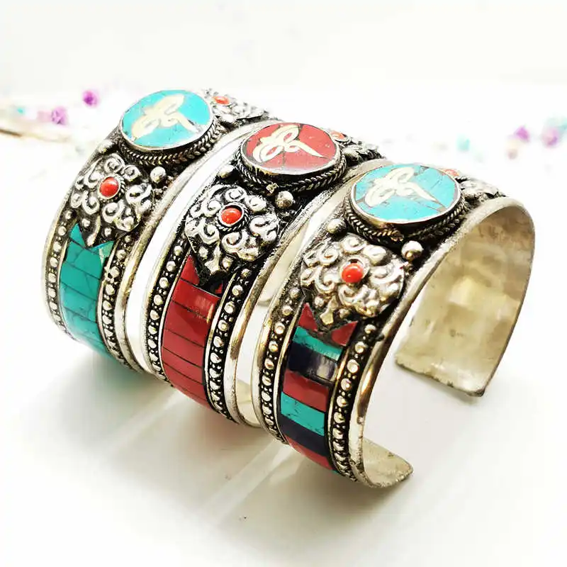 Tibetan Jewelry Buddha Eye Amulet Bangles Copper Inlaid Stone Multi Colors Vintage Dancing Open Cuff for Man BB-010