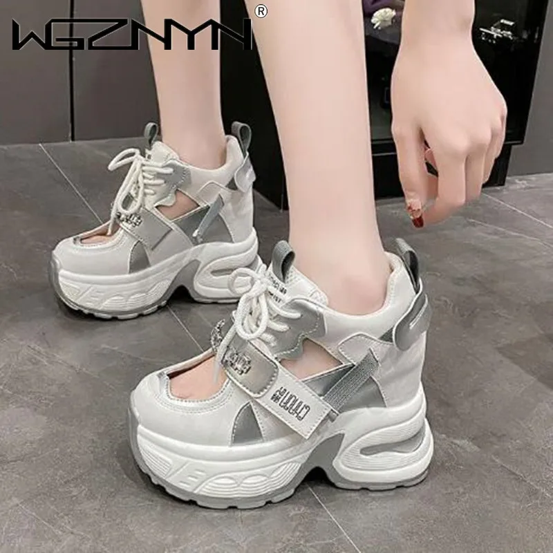 NEW Heels Women Thick Bottom Wedge Sneakers Hollow Out Gladiator Breathable New Summer Shoes Woman Bling Leather Chunky Sandals