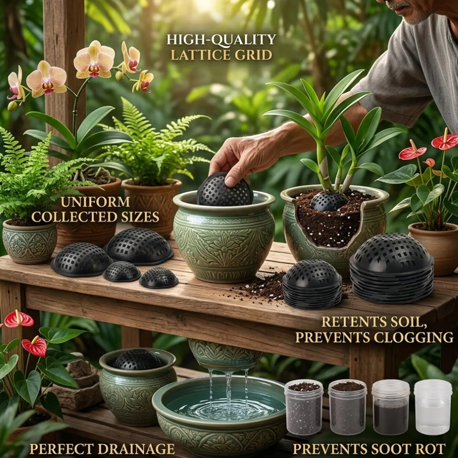 Halbrunde Netz-Blumentopf-Abdeckung Atmungsaktives Drainagesieb für Sukkulenten Bonsai Pflanzenwurzelschutz Gegen Bodenleckage PP – Detail 4