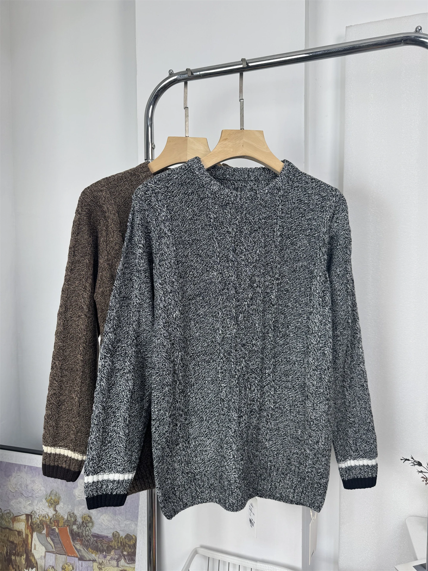 

Мужской вязаный свитер с круглым вырезом и узором в стиле ретро, с цветовыми блоками, повседневный, теплый, с длинными рукавами, из полиэфирного волокна