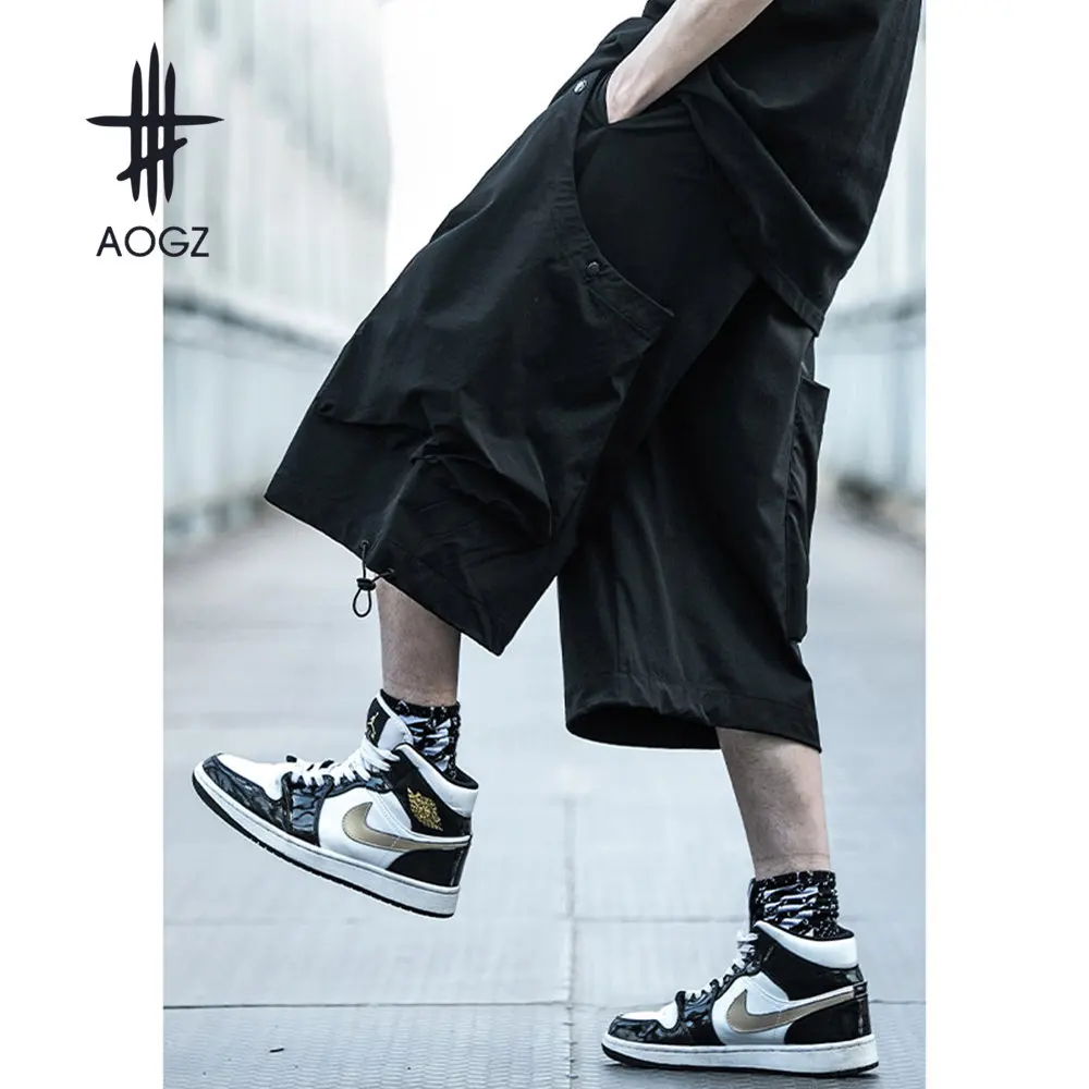 

AOGZ Hip Hop Calf-length Pants Casual Cargo Pants Men Harajuku Elastic Waist Baggy Pants Streetwear Joggers Trousers Summer