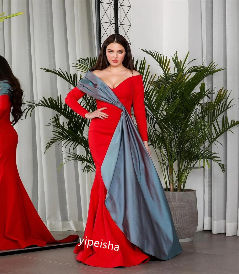 Jiayigong gaun panjang Satin indah, gaun acara Off-the-shoulder Hari Valentine, gaun Satin cantik kualitas tinggi