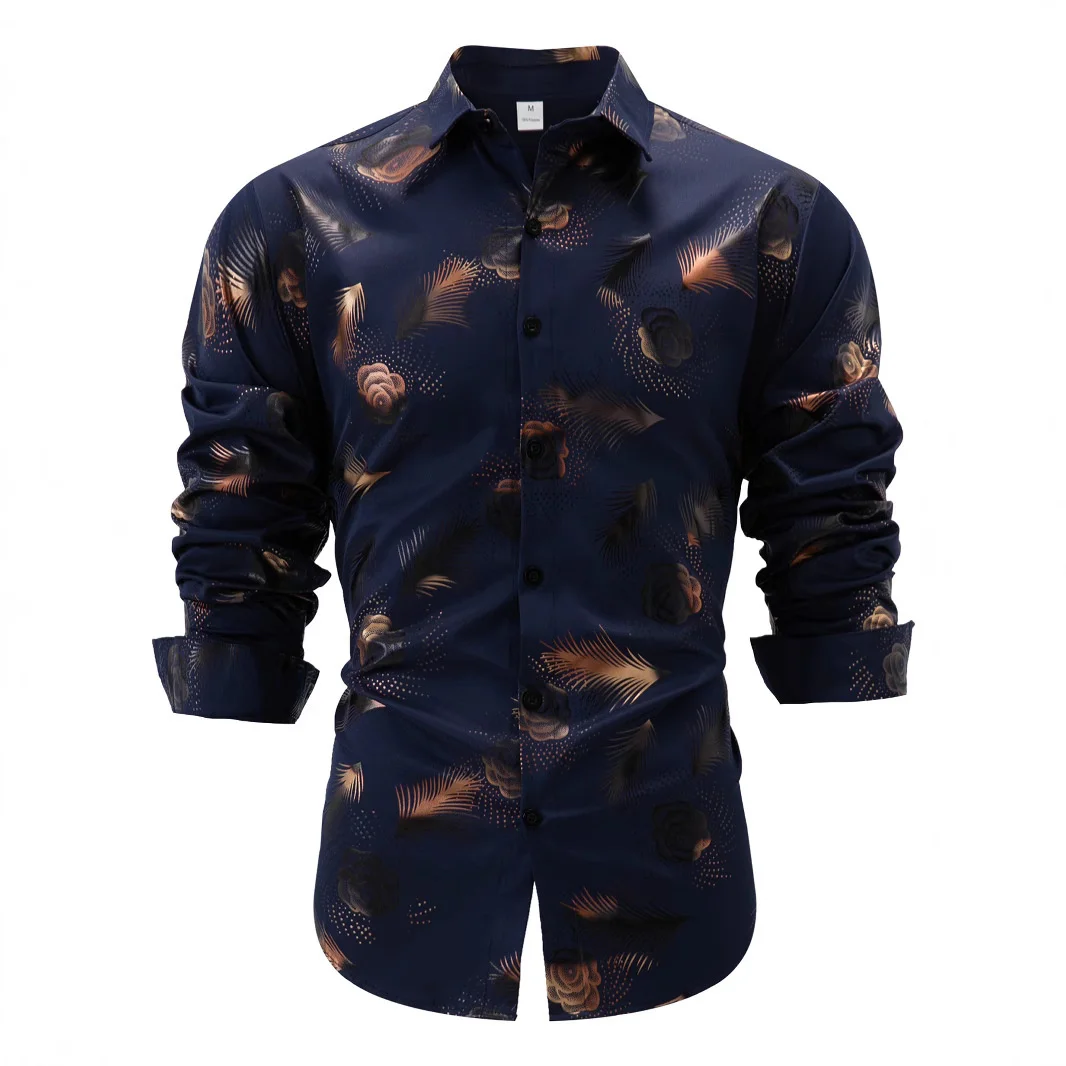 Camisa de manga larga con estampado dorado para hombre, camisa informal de moda para fiesta y vacaciones, nueva