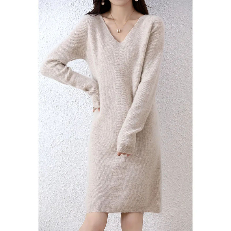 Tailor Sheep 100% Merino Wool Knitted Sweater Women Dress Winter/Autumn V-Neck Female Knee Length Dresses Long Thicken Jumper