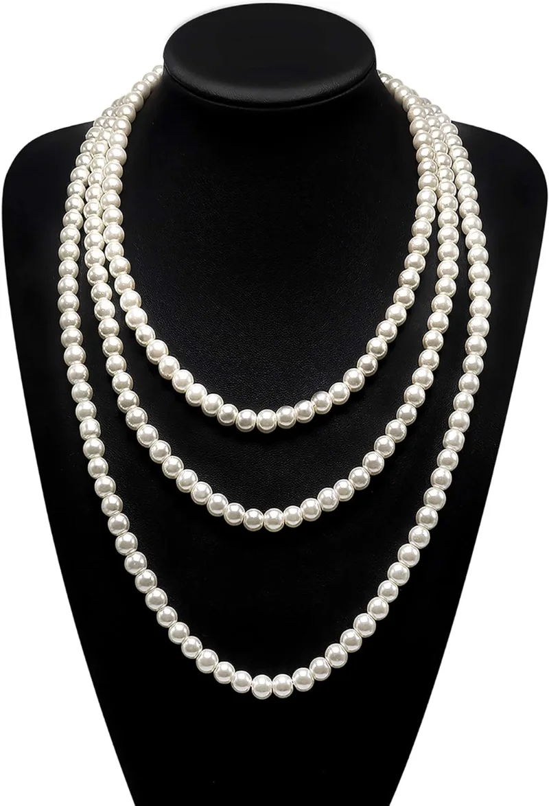 Long Pearl Necklaces for Women Girls Cream White Faux Pearl Strand Layered Necklace Costume Jewelry Gifts for Her