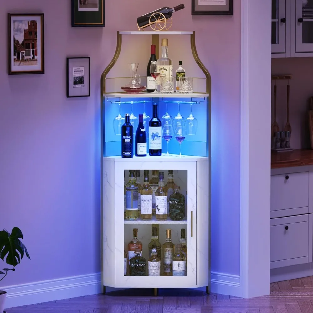 

Corner Bar Cabinet with LED Strip and Glass Holder, Industrial Wine Cabinet with Adjustble Shelf, 5-Tiers Liquor Cabinet Bar Ca