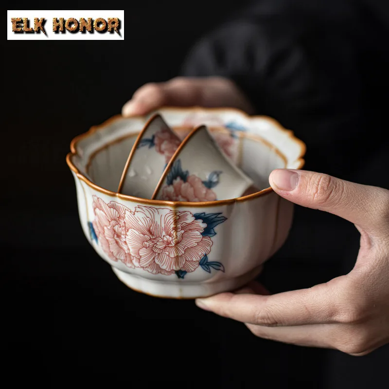 260ml Ru Kiln Porcelain Hibiscus Flower Jianshui Tea Wash Writing-brush Washer Tea Garbage Can Chaxi Cafes Kung Fu Teaset Craft