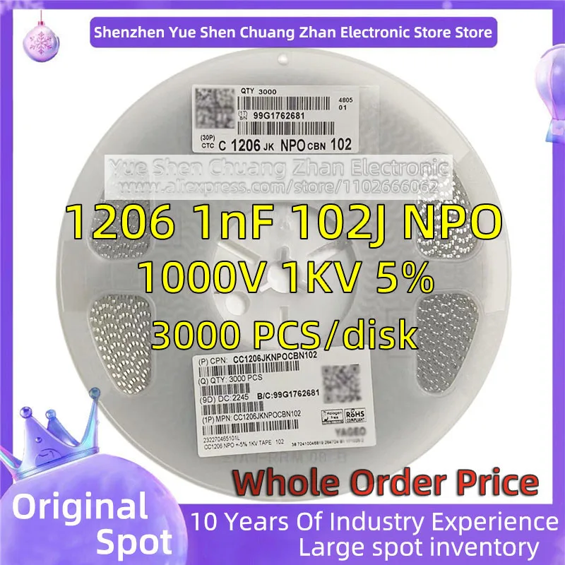 

【 Whole Disk 3000 PCS 】3216 Patch Capacitor 1206 1nF 102J 1KV 1000V Error 5% Material NPO Genuine capacitor