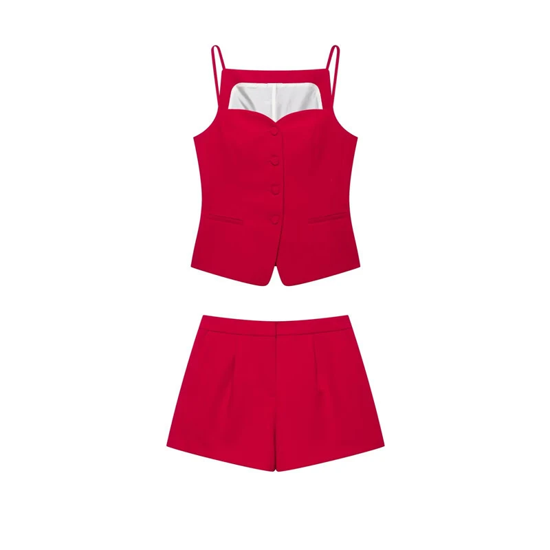 Maxdutti Minimalist Women's Fashionable And Elegant Red Heart-shaped Collar Vest Tank Top Casual Shorts Set Woman Clothes Pants