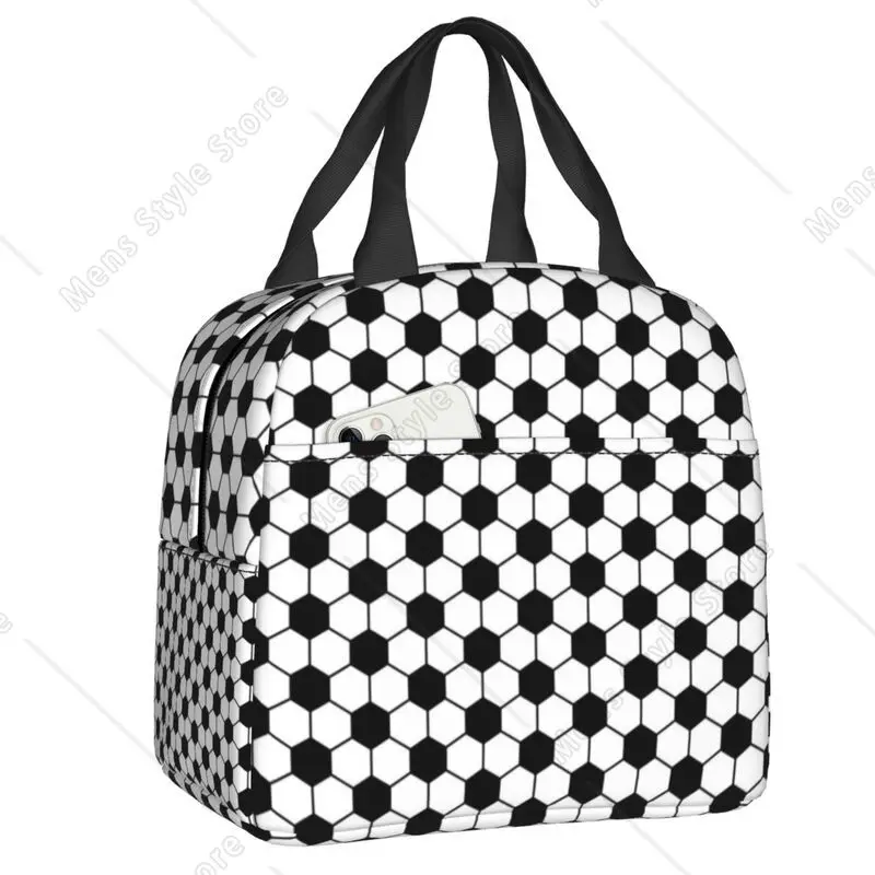 

Custom Black White Football Lunch Bag Women Cooler Warm Insulated Lunch Box for Children School Work Picnic Food Tote Bags