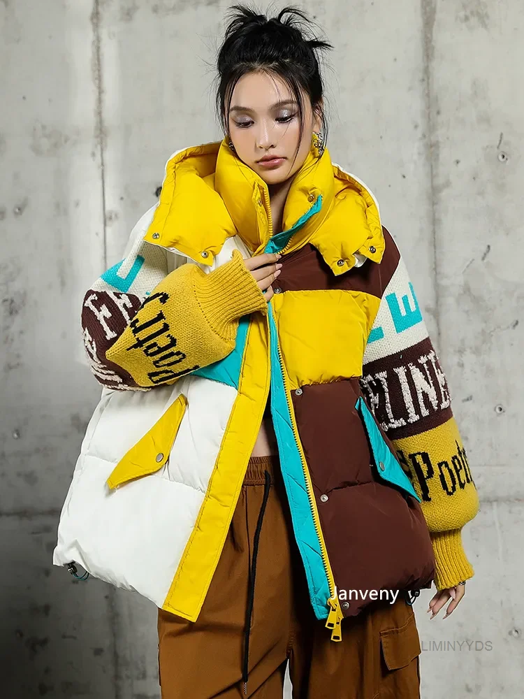 2023 Nieuwe Mode Streetwear Letter Stitching Puffer Jasje Dames Losse Parka \'S Winter Dikke 90% Eend Donsjas