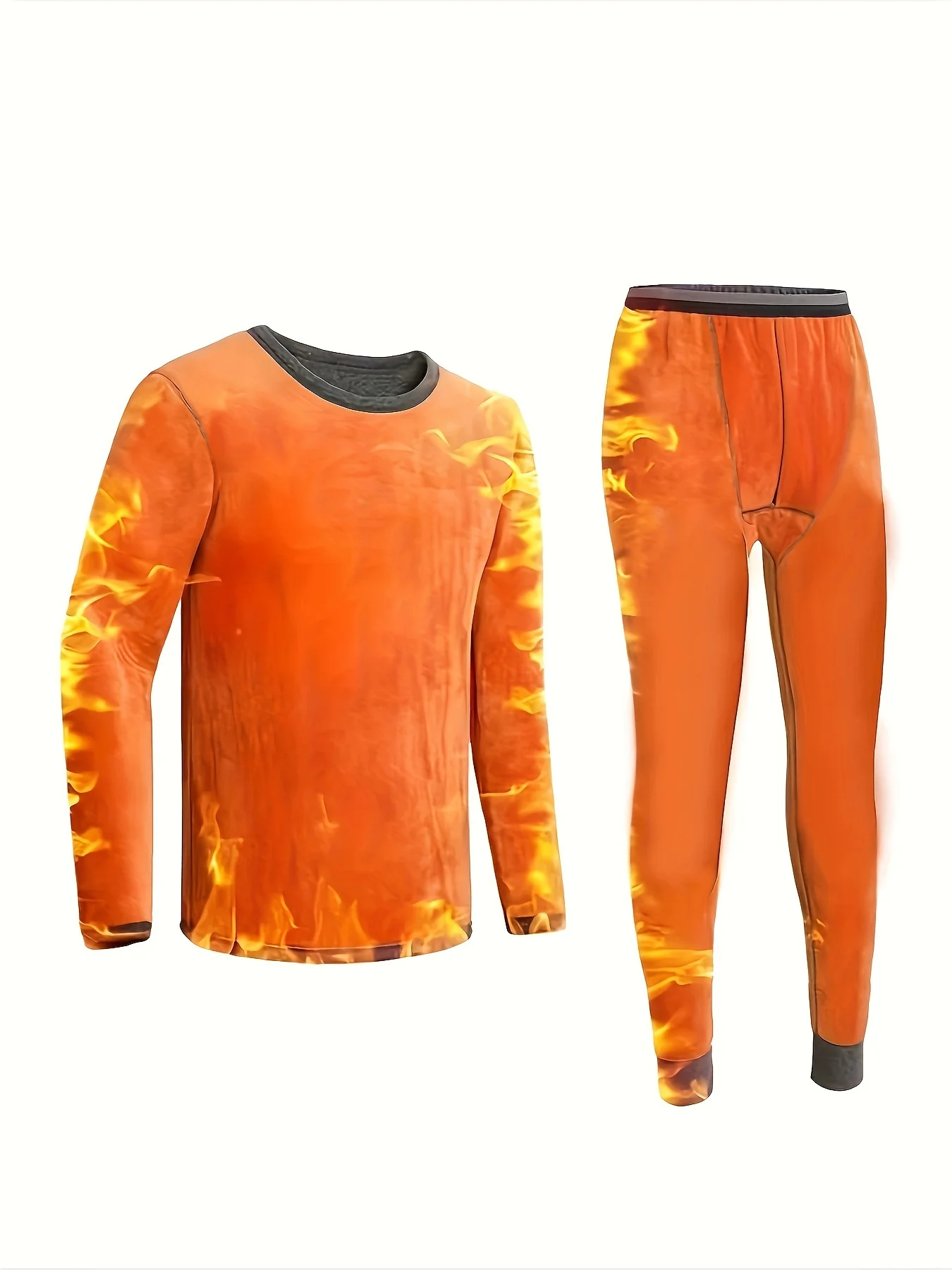 Conjunto térmico masculino de inverno forrado de lã grosso com gola redonda e cor sólida com top e calça para proteção contra frio