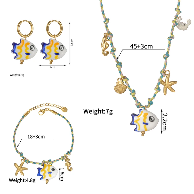 اليدوية حبل مضفر السيراميك الأسماك سحر أقراط سوار قلادة للنساء الصيف المحيط اكسسوارات طقم مجوهرات هدايا