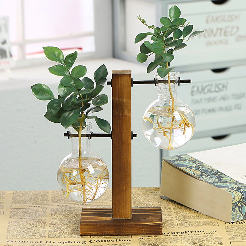 Glass Desktop Planter Bulb Vase Wooden Stand Hydroponic Plant Container Decor Creative Office Plant Propagation Station