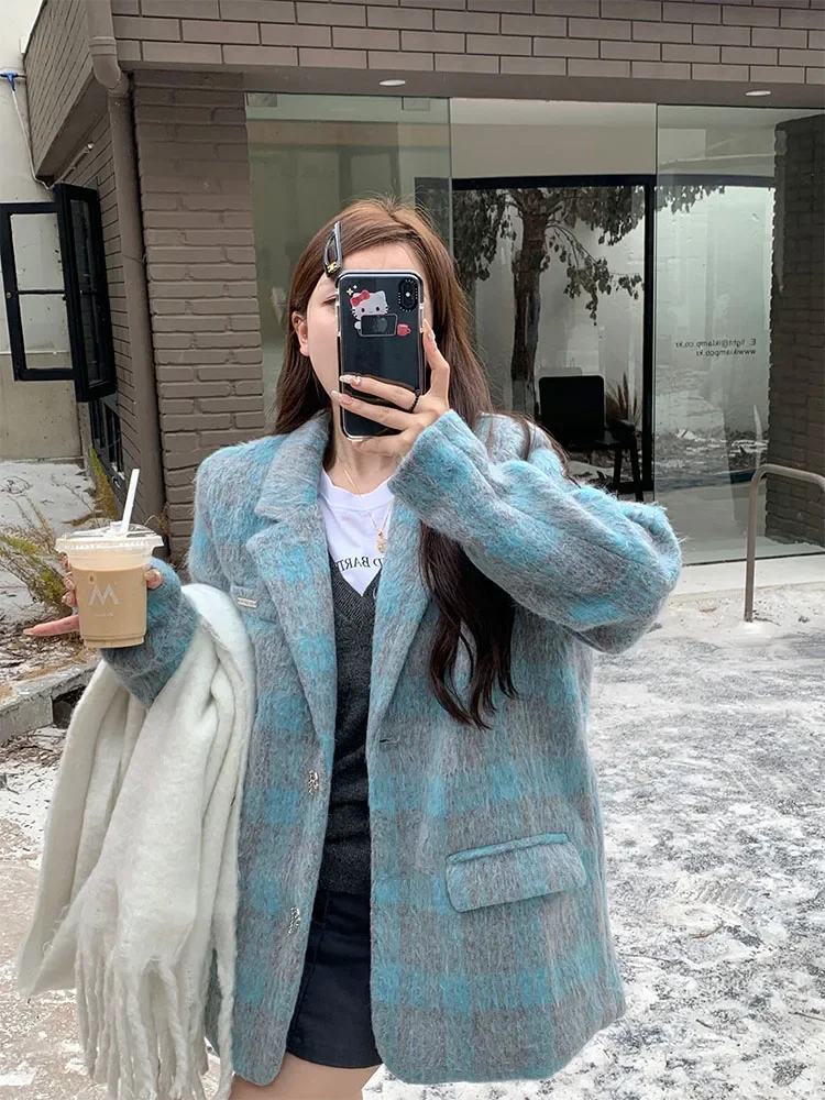 

Insozkdg 2024 Autumn Winter New Arrivals Chic Tweed Suit Women with Blue Plaid Pattern and Thickening Insulation High Quality