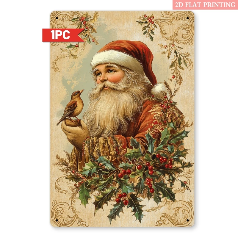 2D Flat - A 2D Flat Piece, 'Santa Claus with Birds And Holly Decoration' Iron Decorative Sign, 8X12 Inches Vintage Aesthetic