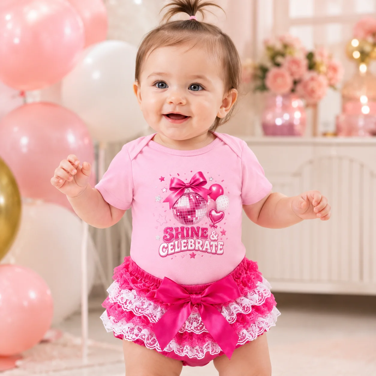 Ensemble de vêtements pour bébé fille de 1 an, imprimé disco, brillant et festif, combinaison à manches courtes, jupe tutu en dentelle rose à volants, nœud, nouveau-né