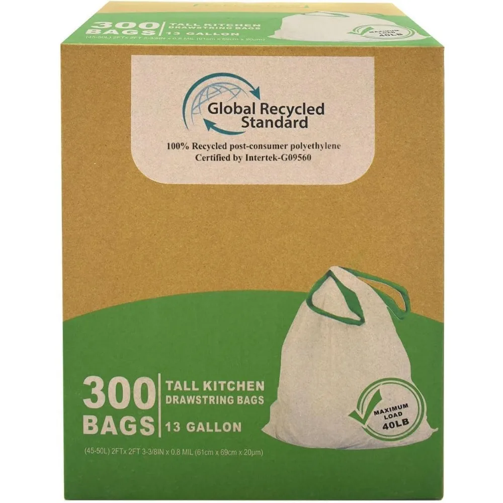 

13 Gallon Tall Kitchen Drawstring Trash Bags, 300 Count, Eco-Friendly Recycled Material, GRS Compliant
