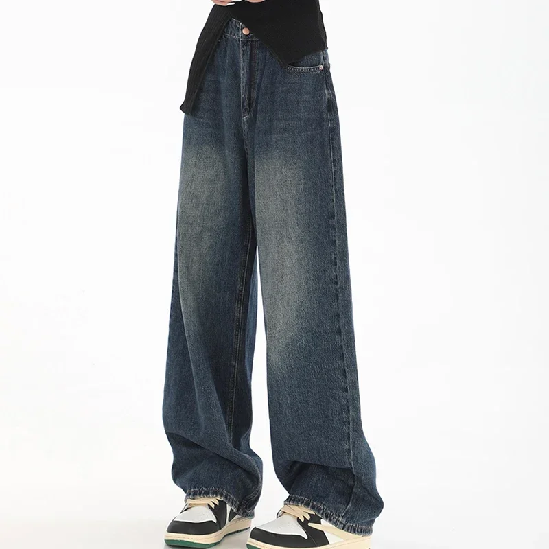 Kobieta Wysoka talia Slim Fit Szerokie nogawki Jeansy Kobieta High Street Y2k 2000s Casual Pants Lady Fashion Black Blue Loose Denim Trouserse