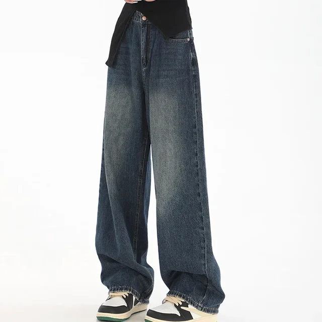 Kobieta Wysoka talia Slim Fit Szerokie nogawki Jeansy Kobieta High Street Y2k 2000s Casual Pants Lady Fashion Black Blue Loose Denim Trouserse