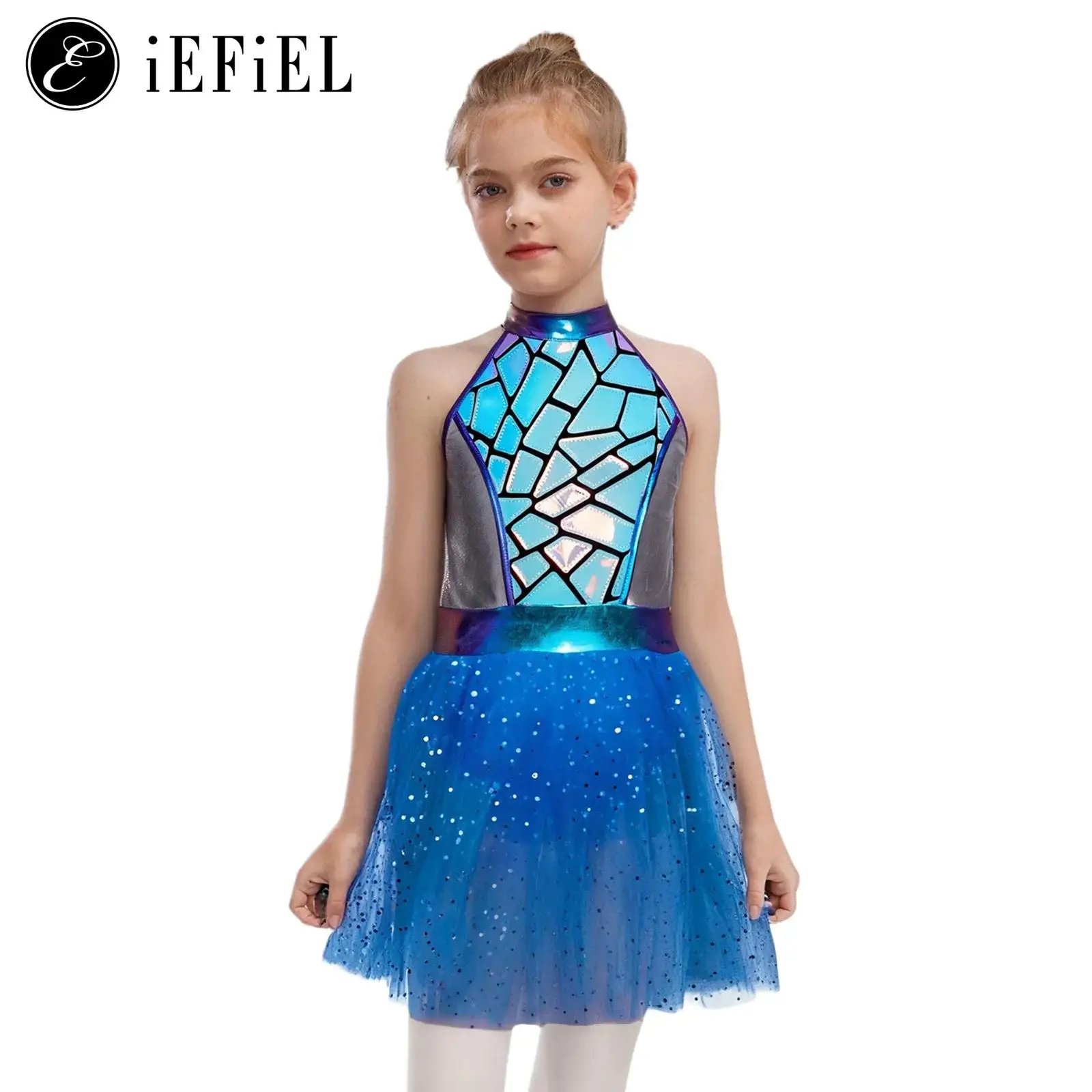 

Girls Shiny Alien Outerspace Halloween Cosplay Costume Metallic Mock Zip Back Leotard Tulle Skirts Dance Dress for Party