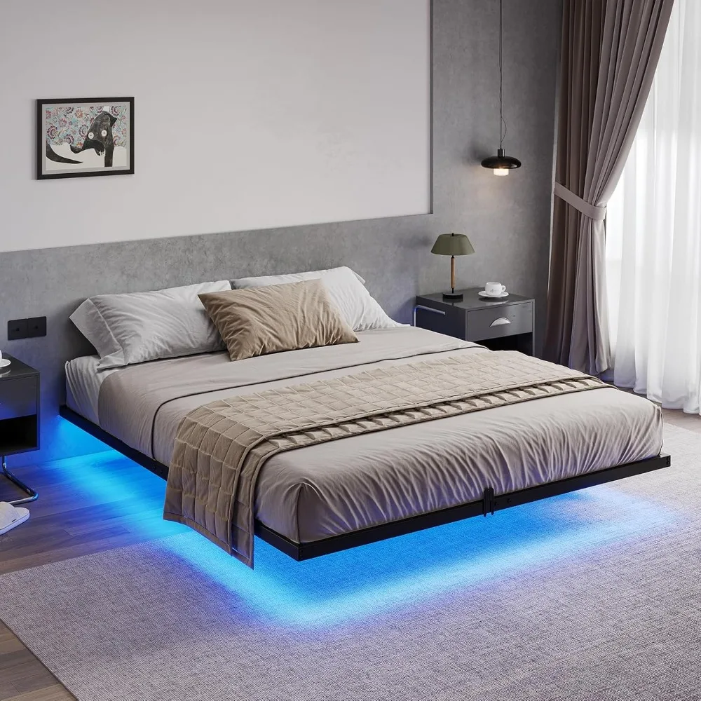 

Floating Bed Frame Queen Size with LED Lights, Metal Platform Queen Bed, No Box Spring Needed, Easy to Assemble