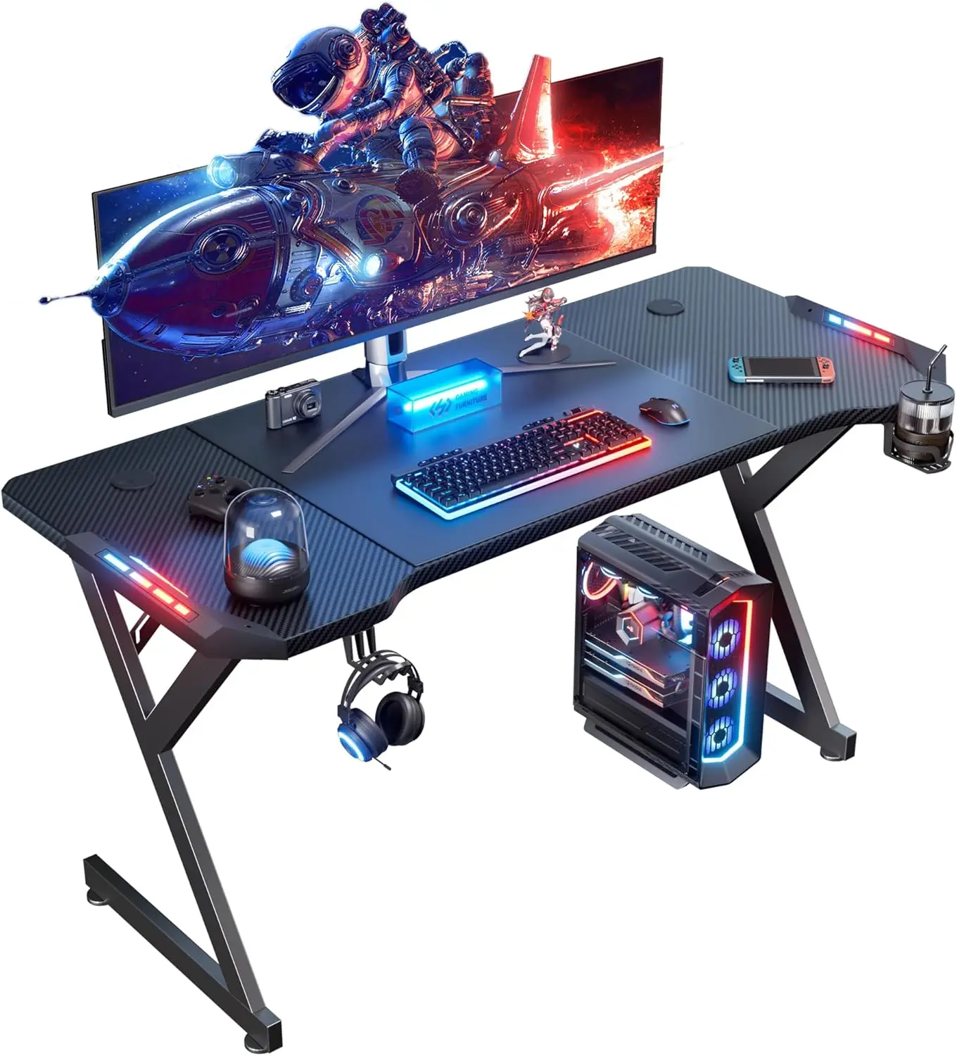 63 INCH Gaming Desk with LED Lights, Home Office Gamer Desk, Ergonomic Computer Table with Large Carbon Fiber Desktop