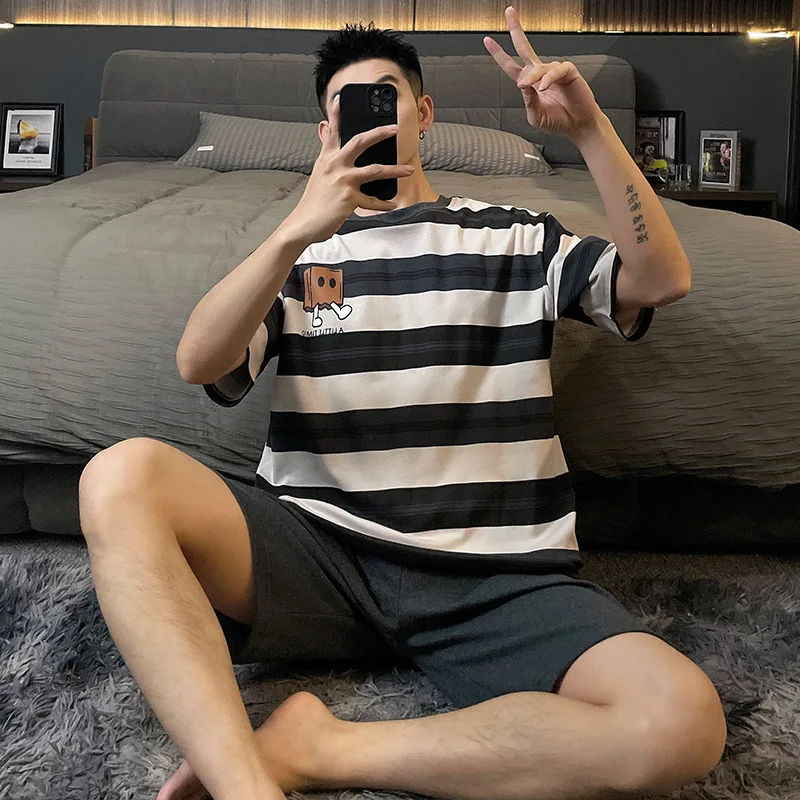 2025 New Summer Striped Pajamas for men Short-sleeved Casual Homewear for Teenage Boys plus size male clothing pyjamas men