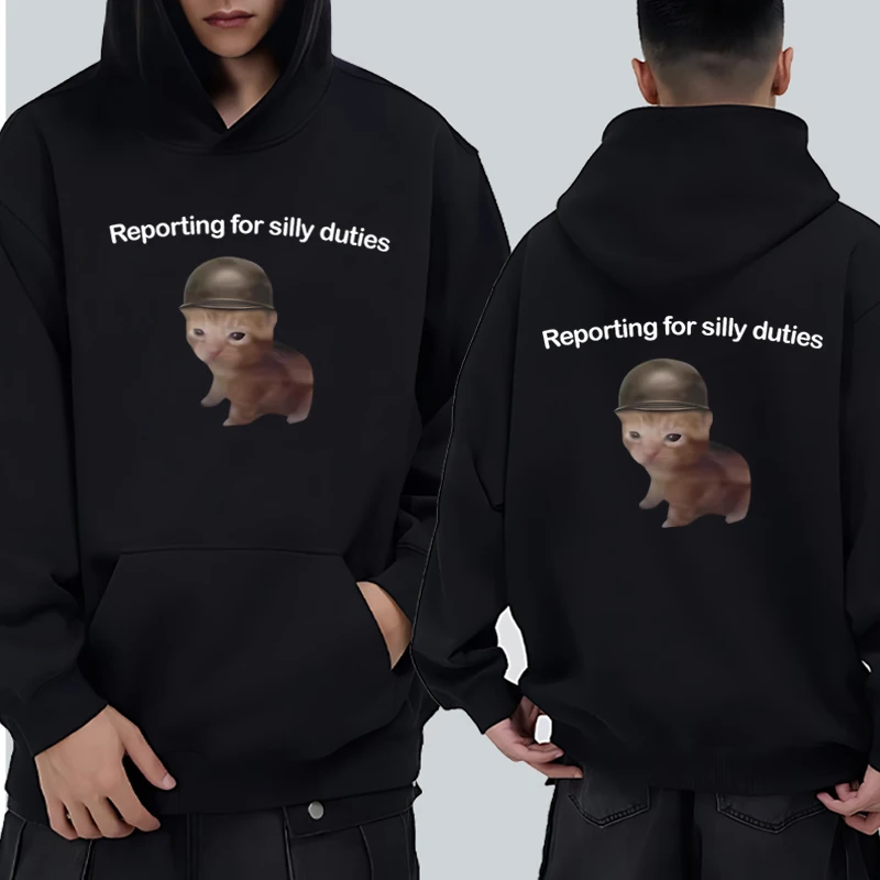 

2025 Reporting for Silly Duties Funny Cat Double Sided Meme Graphic Hoodie Men women harajuku Fleece pullover Unisex Sweatshirt