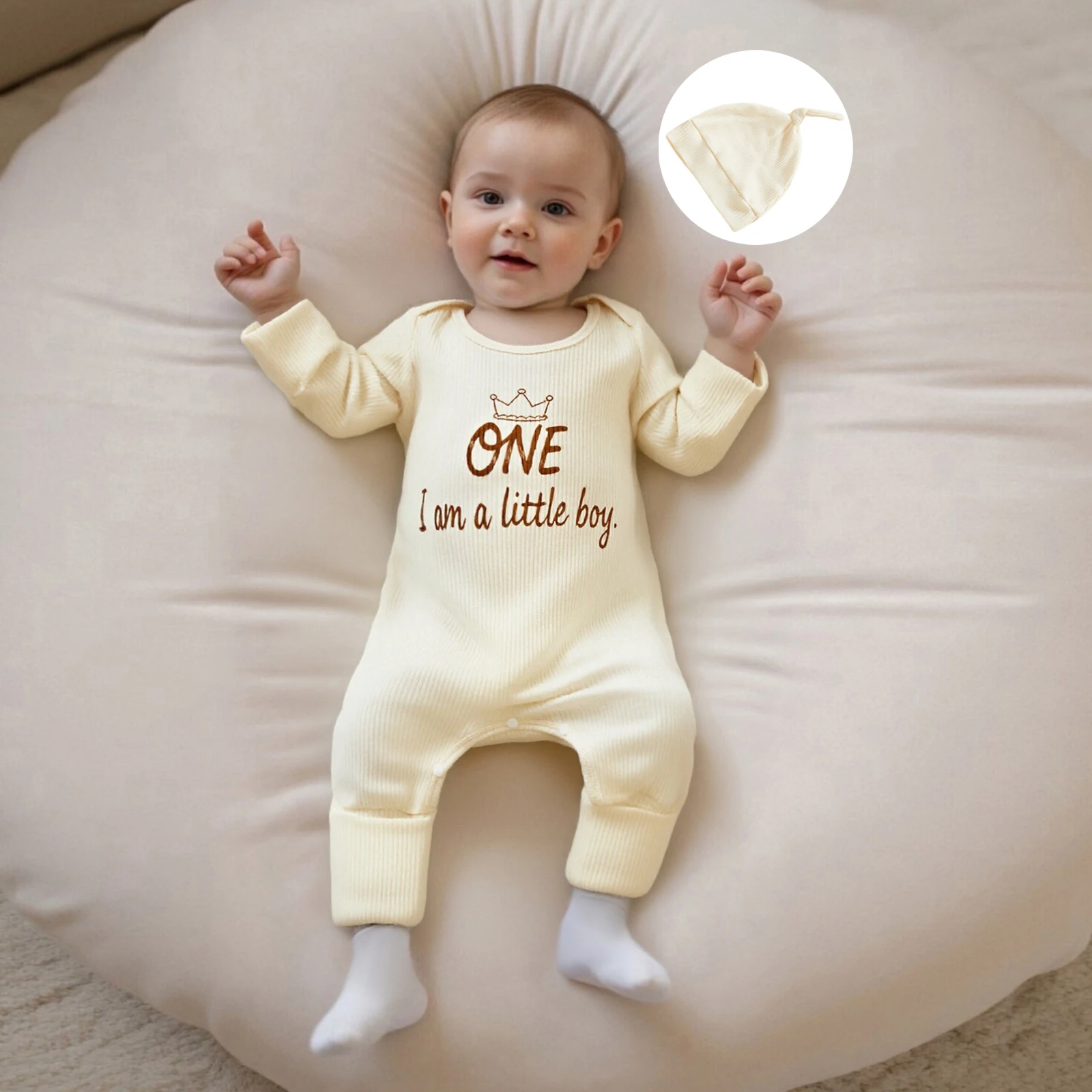 

Baby Clothing Boys Birthday Day Jumpsuit Long Sleeve Crewneck Letter Print Romper with Hat Newborn Clothes