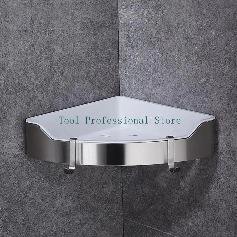 57QF Wall Mounted Storage Trays Shampoo Holder Shower Caddy Corner Shelf with 2 Hooks