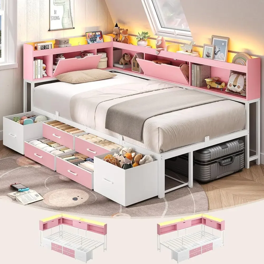 Twin Bed with Bookcase, Hidden Storage & Metal Daybed, 6 Drawers, Charging Station, LED Lights - Suitable for Kids & Teens, Pink