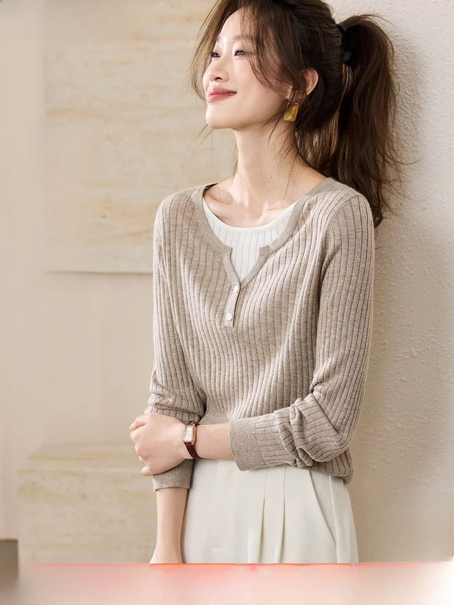 

Soft Wool Blend Knitted Sweater Fake Two-Piece Autumn 2025 Commute Sle Long Sve round Ne Warmth Heating Pure Color