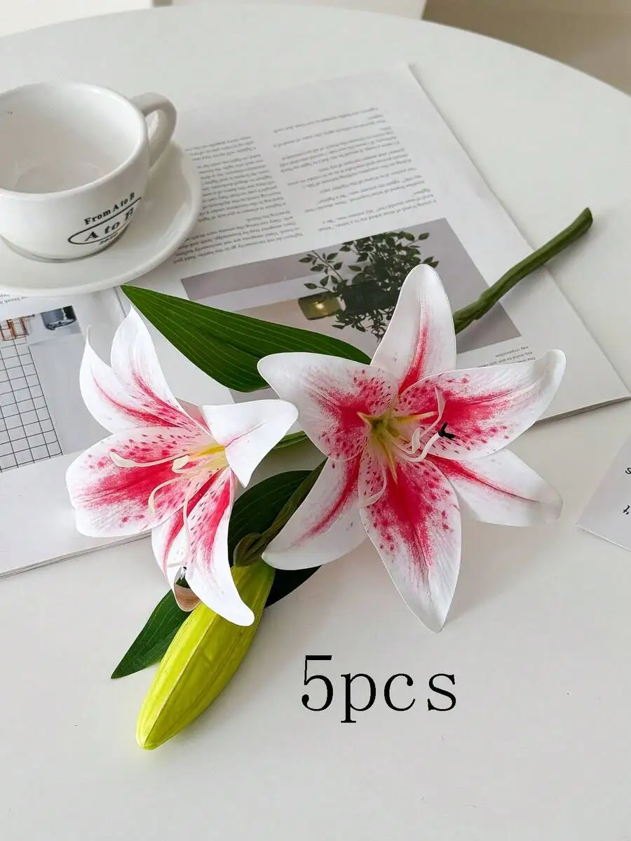 

5-Piece Realistic White And Pink Lily Artificial Flowers For Tabletop, Wedding, Home, Office Decor