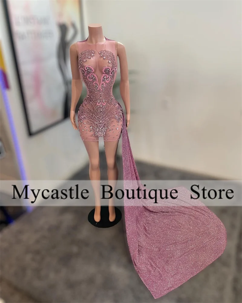 

Pink Sequins Rhinestones Short Prom Dresses 2024 With Train Sparkly Beaded Crystal Mini Cocktail Dress Birthday Party Gowns
