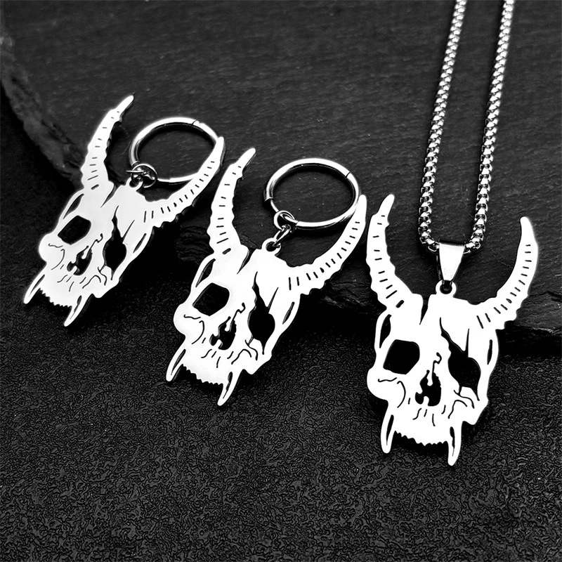 Stainless Steel Gothic Sheep Head Skull Necklace Earrings for Men Women Retro Religious Alternative Punk Party Jewelry Set