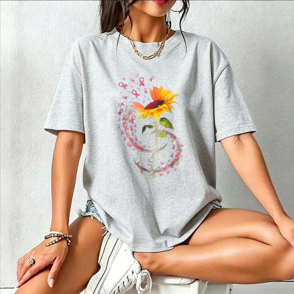 Sunflower Pink Ribbon Peace Symbol Graphic Print Cotton T‑Shirt Breast Cancer Awareness Inspirational Casual Ladies Daily Tops
