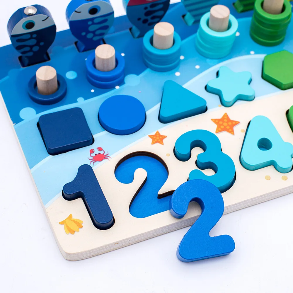 Kids Montessori Math Toys For Toddlers Educational Wooden Puzzle Fishing Toys Count Number Shape Matching Sorter Games Board Toy