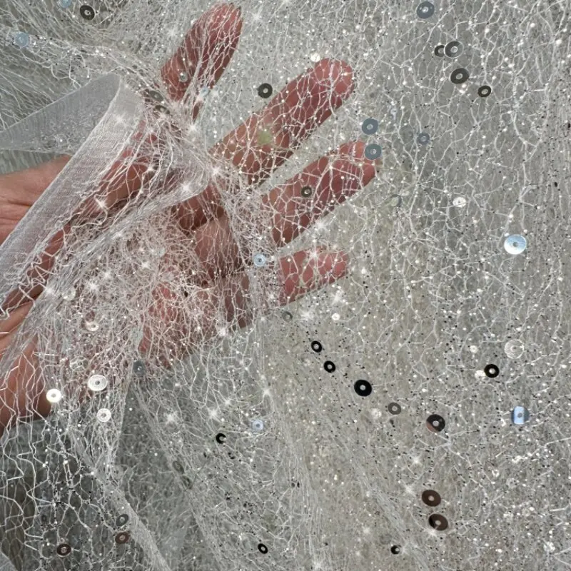 Silver White Large Mesh Spray Sequins Shiny Powder Bronzing Draping Fabric for Wedding Dress Fabric