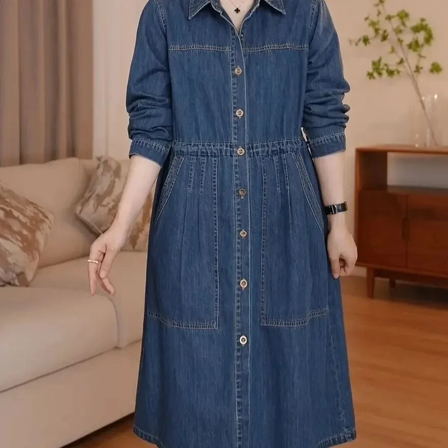 Retro Fashion Casual Shirt Denim Dress 2025 Spring and Autumn Season New Women\'s Long sleeved Single breasted Loose Dresses