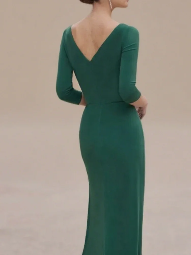 Juweel Hals 3/4 Mouwen Bruiloft Jurken Plooi Vloerlengte Zeemeermin Eenvoudige Groene Moeder van de Bruid Jurken