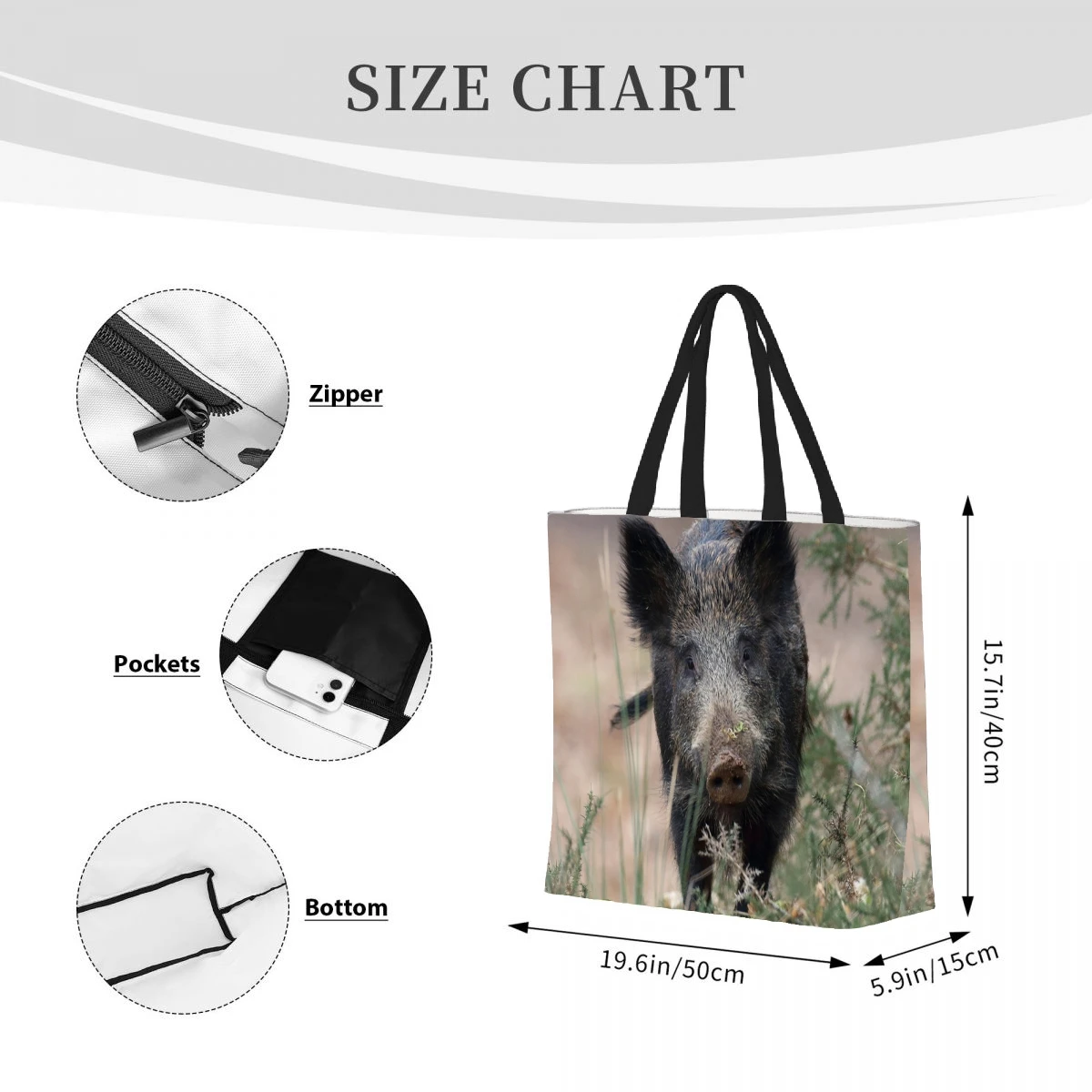 wild boar ferocious animal  Handbag Printed Travel Shoulder Bag Large Capacity Women\'s Shopping Strap Casual Canvas Strap