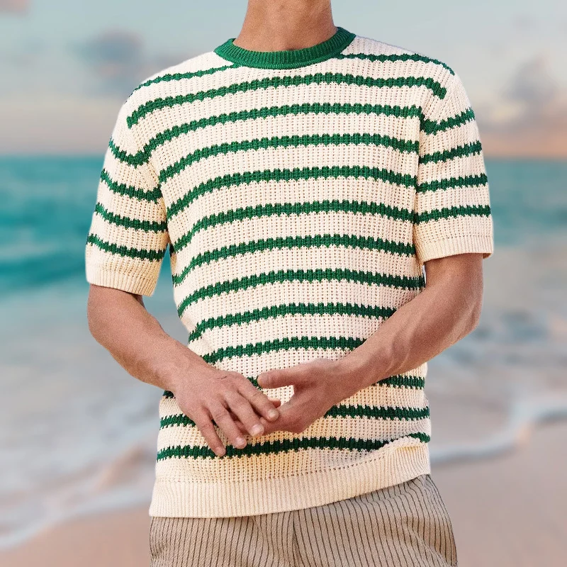 Fashion O-Neck T Shirt Tops Vintage Holiday Style Striped Tees Pullover Men Clothing Casual 2024 Short Sleeve Knitted Shirts