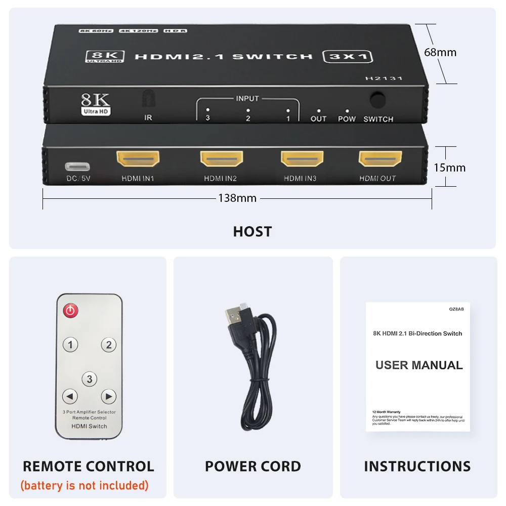 HDMI-compatible 2.1 Switch Splitter 120Hz 5-port 4K 120Hz Splitter Switcher CEC 48gbps Switch 8K with remote Dolby Vison