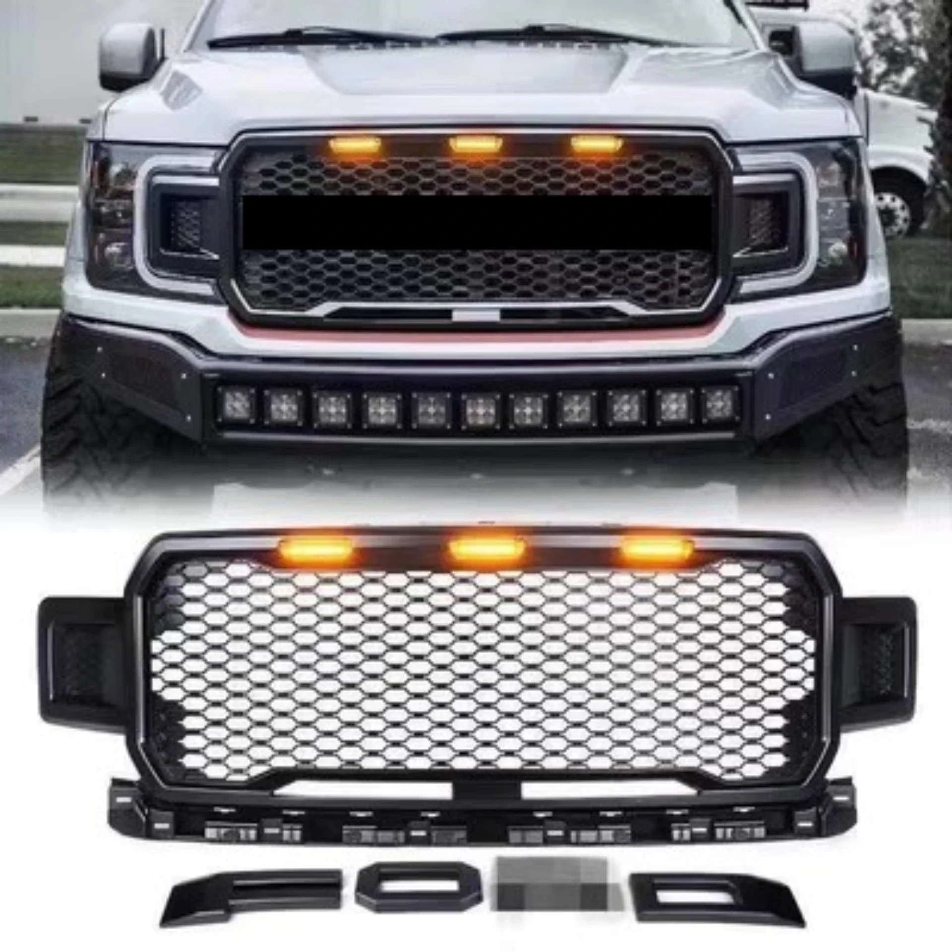 New Style Front Radiator Grille with Lamp for Ford F150 Raptor 18-23 Grill Convert Net with Turn Signal Light Car Accessories