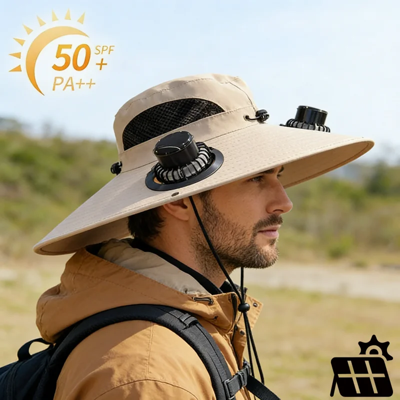 Solar Fan Hat Wide Brim Outdoor Cooling Cap Rechargeable Portable Sun Hat with UV Protection for Men Camping Father Day Gift