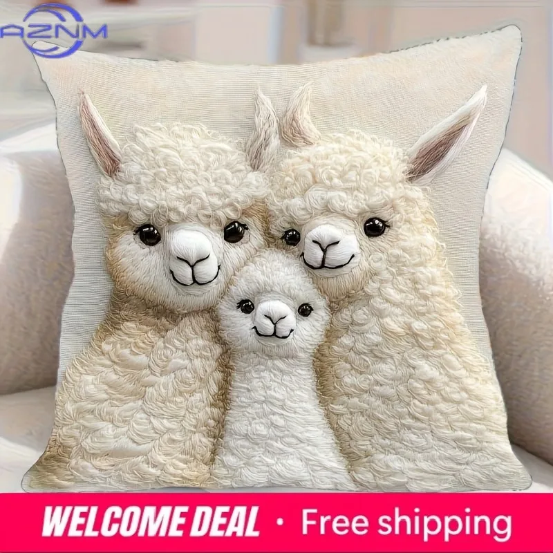 Cute Alpaca Family 2D Flat-Printed Pillow Cover for a Cozy Home Sofa cushion cover, home room dormitory decoration, 2D printing