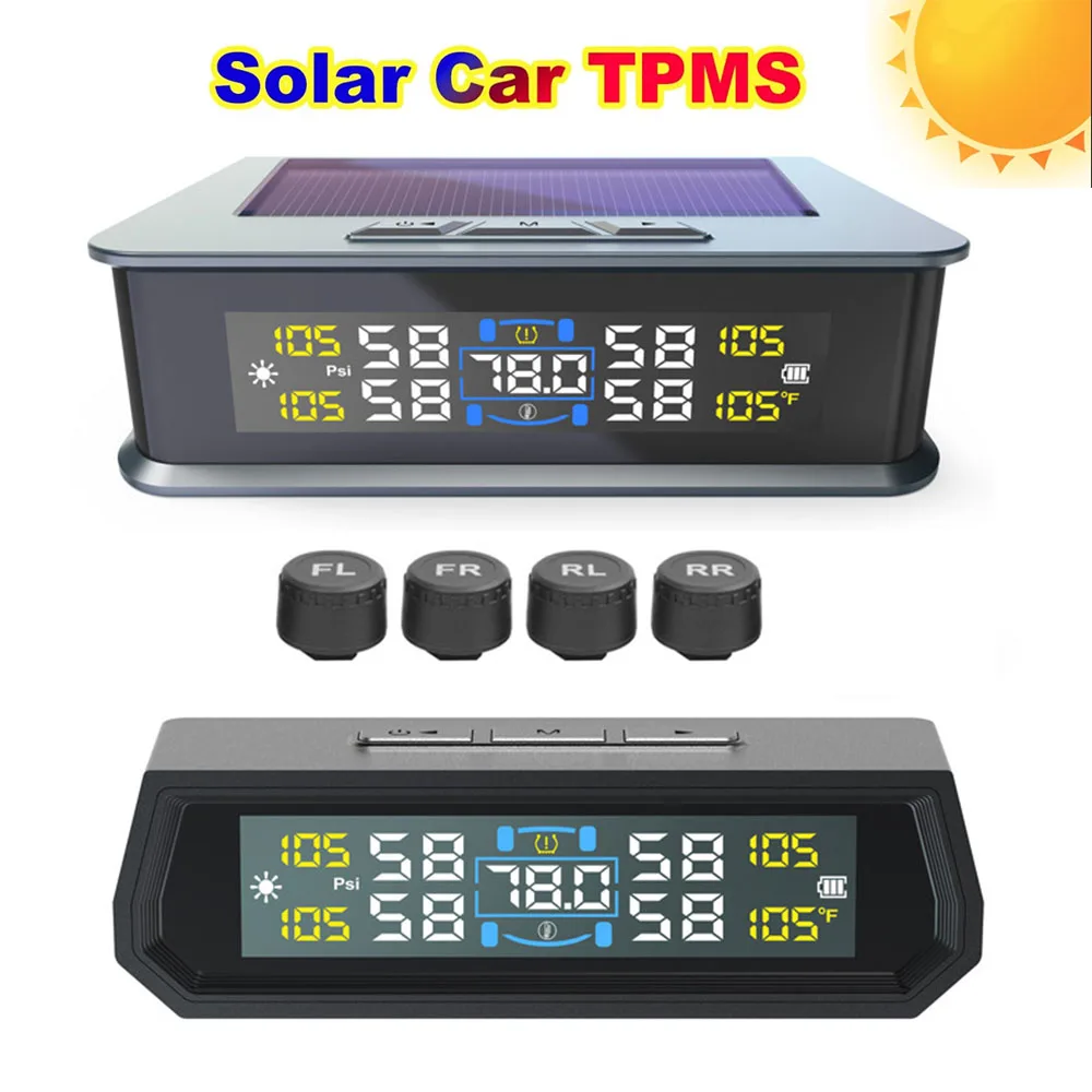 

Tire Pressure Monitoring System Temperature Warning With 4 External Sensors Solar TPMS Car Tyre Pressure Monitor Voice Warning