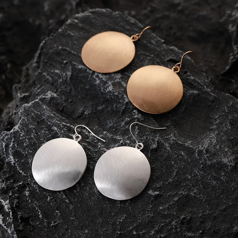 Brushed Metal Concave Disk Drop Earrings Matte Gold Silver Color Geometric Round Plate Dangle Earrings Modern Daily Jewelry