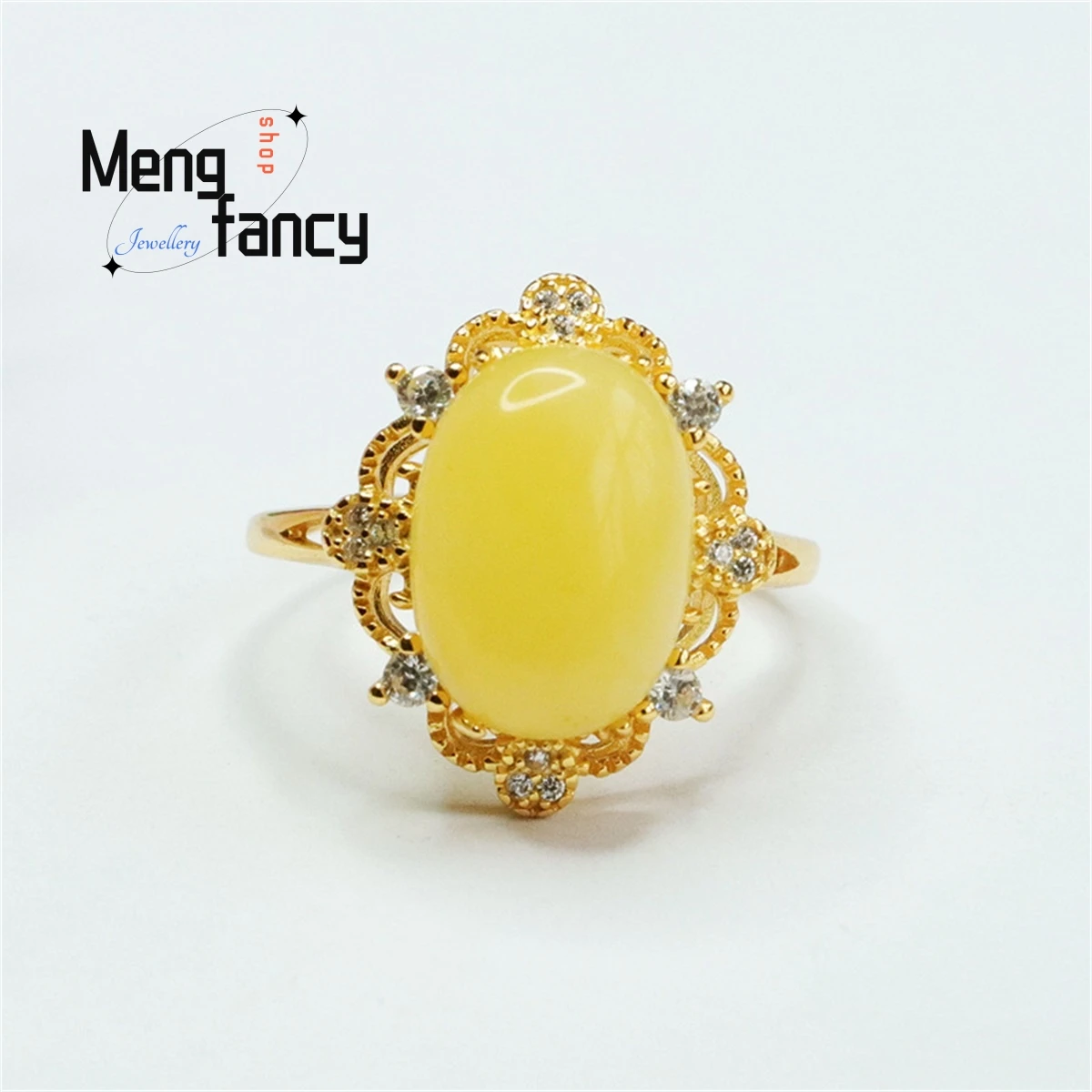 

Natural s925 Silver Inlaid Honey Wax Chicken Oil Yellow Amber Egg Face Ring Charm Elegant Personalized Fashion Versatile Jewelry